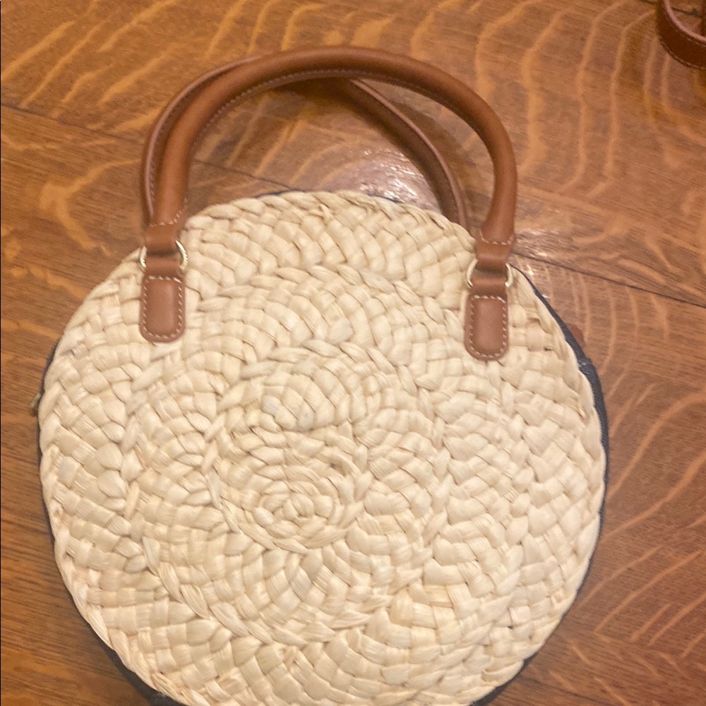 Talbots Stylish Round Straw Bag with Brown Handles
